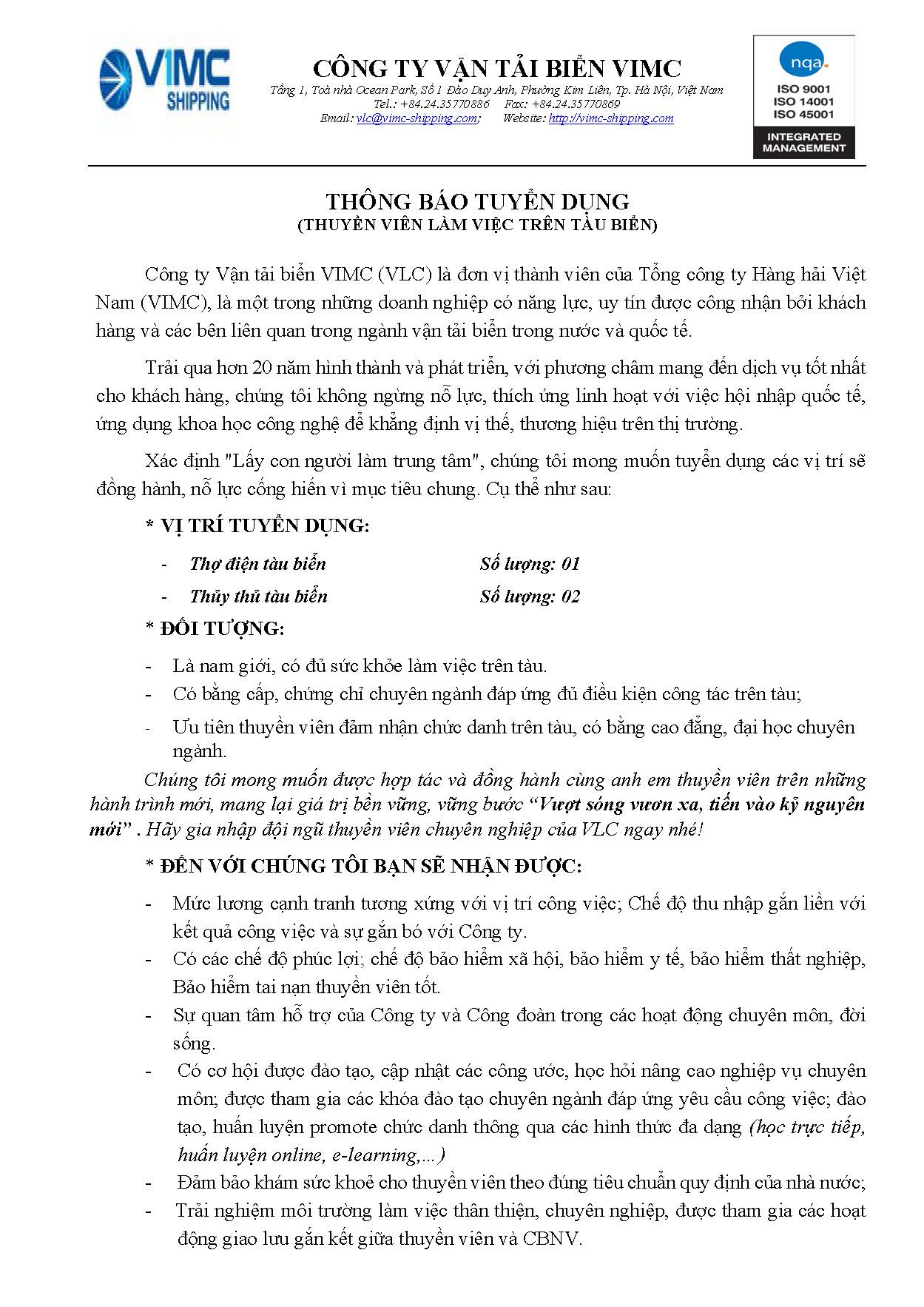 Tuyển dụng thuyền viên làm việc trên tàu biển